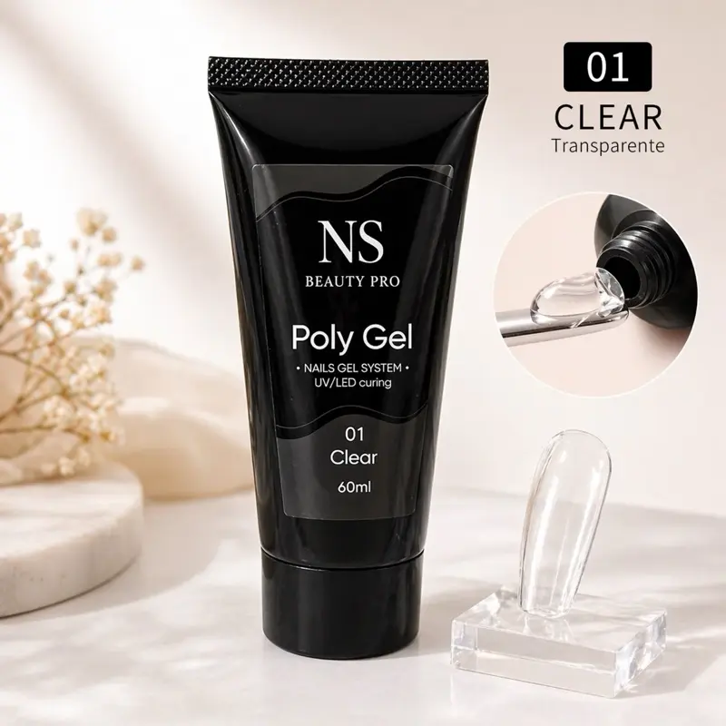 NS Beauty Pro Poly Gel Clear 60ml - Transparente Nails Gel System for UV/LED Curing - 01 Clear
