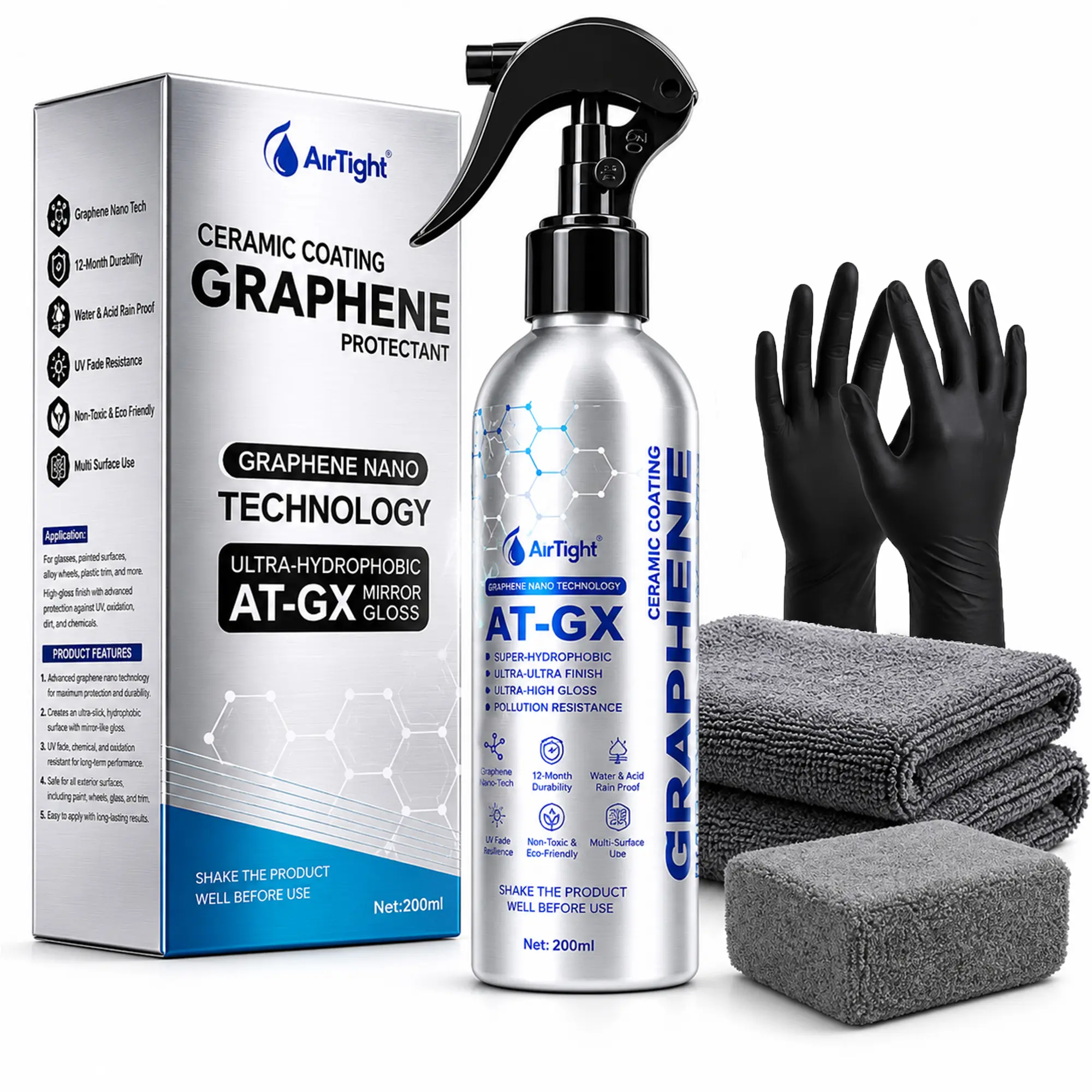 Advanced Graphene Ceramic Coating 200ml AT-GX Nano Protectant Long-Lasting High Gloss Waterproof Professional DIY Car Paint Care Kit for Cars