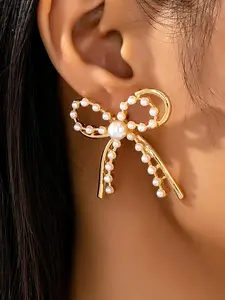 Elegant Golden Frame Bow Earrings with Faux Pearls, Sweet and Gentle Design, Perfect for Dates and Daily Wear, Valentine's Day Gift