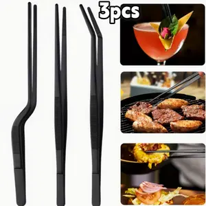 3pcs Fine Cooking Tweezers Set, Professional Stainless Steel Food Tongs, Kitchen Black Long Chef Tweezer for Cooking, Plating, Decorating and BBQ, Reusable, Utensils