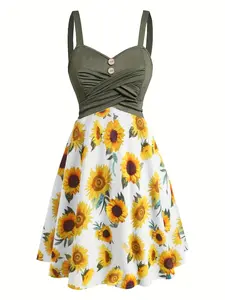 Women's Patchwork Floral Sunflower Print Ruched Spaghetti Strap Tank Dress, Casual Sleeveless A Line Short Dress for Spring, Ladies Clothes for Daily Wear