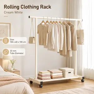 Cream White Rolling Clothing Rack with Wheels, Freestanding Garment Rack with Bottom Storage Shelf, Portable Clothes Organizer for Bedroom, Dorm, Apartment and Laundry Room