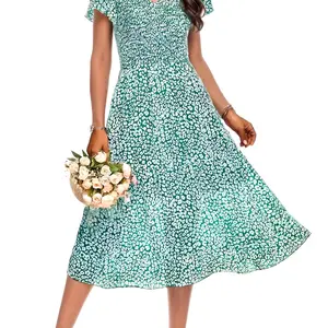 ZEAGOO Women Modest Floral Midi Dress Summer Short Ruffles Tiered Sleeve Smocked Dresses V Neck Bohemian Wedding Guest Long Dresses summerwins
