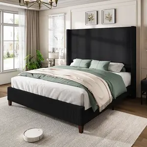 [Summergarden][Fathersdaygift] AMERLIFE 62" Corduroy Upholstered Bed Frame, Luxurious Platform Bed with Extra Tall Wingback Headboard and Vertical Stripe