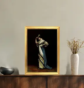 Gold-plated plastic-steel picture frame with synthetic fiber canvas and pine inner frame, featuring polystyrene PS decorative trim for interior design.