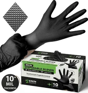 100 Nitrile Non-Sterile Mechanics Gloves 10 Mil - Heavy Duty Disposable Diamond Texture Latex Free Black Staten Gloves