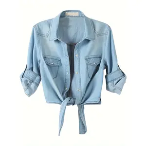 [Denim Crop Top] Chambray Denim Women's Crop Top |   Roll Up 3/4 Sleeve Tie Front Knot Shirt