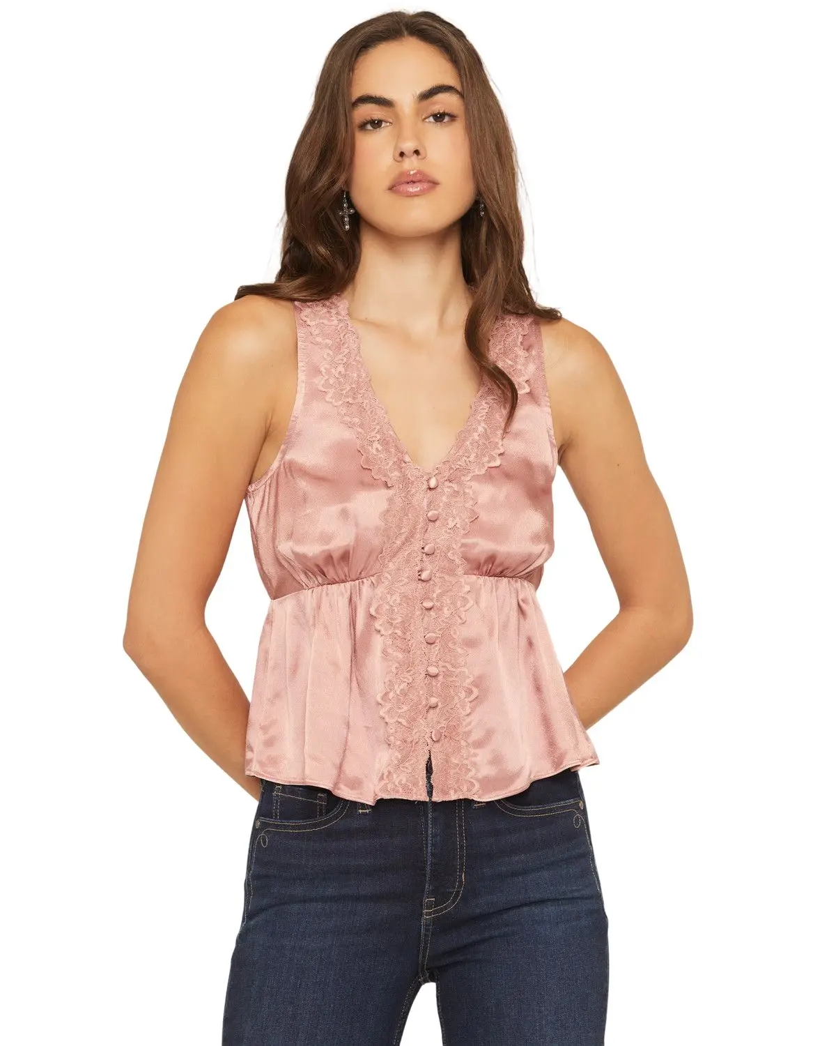 Shyanne Women's Women'S Satin Lace Trim Sleeveless Button-Down Tank Top - Swfa25w6-Mv