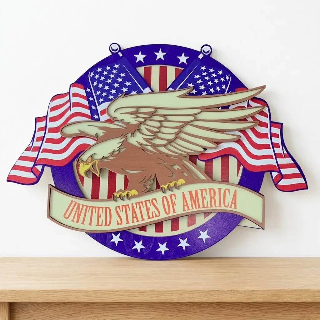 12in 3D Relief Majestic Soaring Bald Eagle Wall Decoration - Wooden-Style Modern Patriotic Shield Sign with Stars and Stripes, Indoor Hangable Home Decor, Juneteenth Gift for Military Veterans (Comes in a Box)