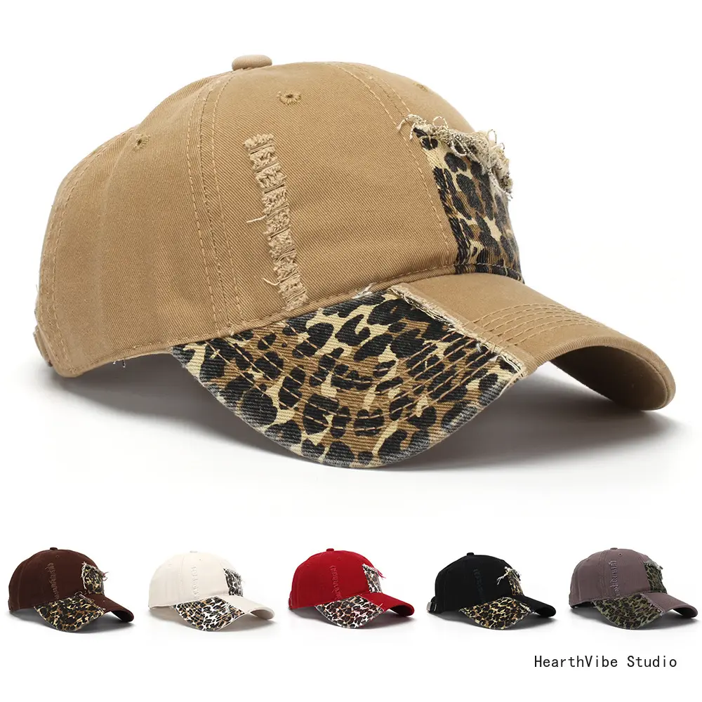 Unisex Cotton Leopard-Print Patchwork Distressed Baseball Cap - Adjustable Stylish Graphic Hat, Versatile Casual Sun Hat, Adjustable Stylish Hat