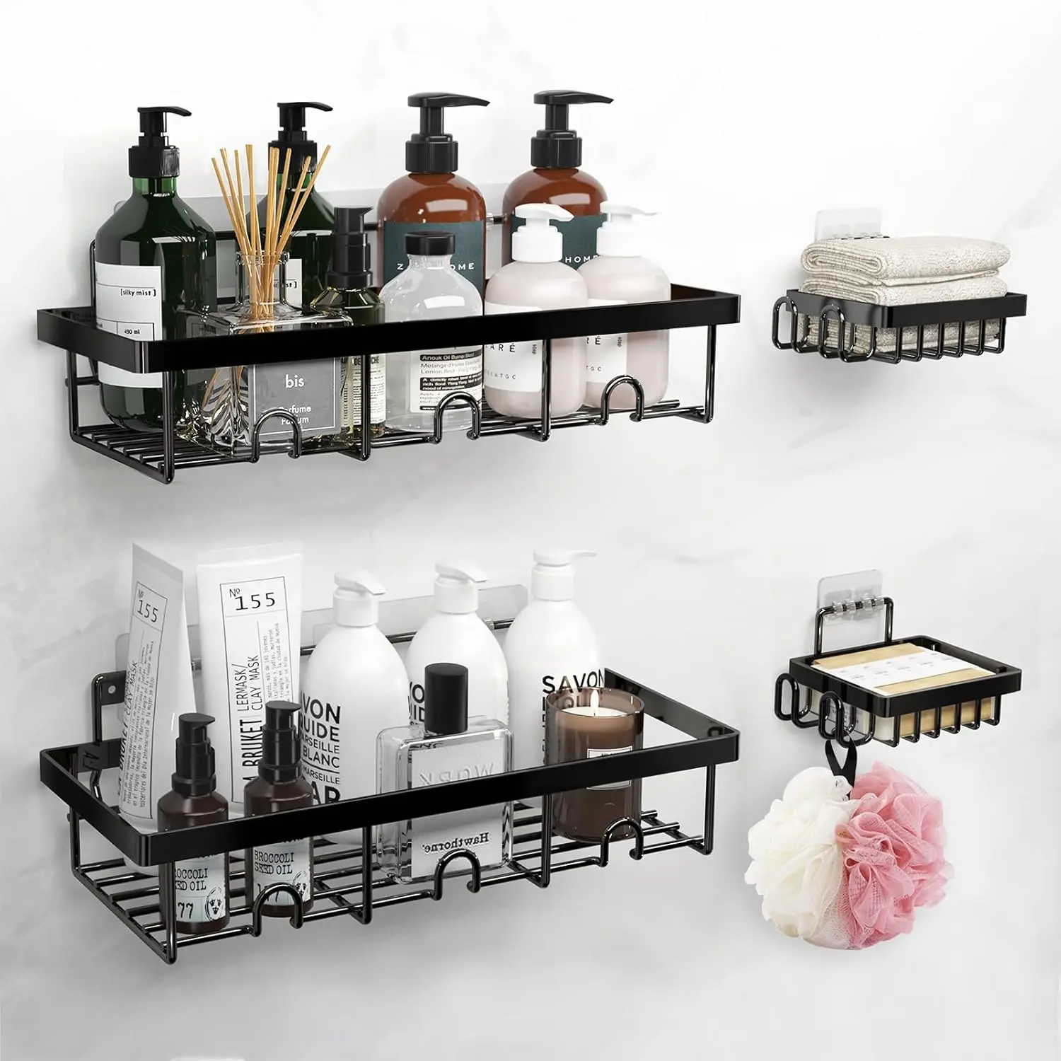 4 Pack Shower  Organizer, Stainless Steel Shower Shelf with Hooks, Adhesive Bathroom Shelves for Storage and Organization