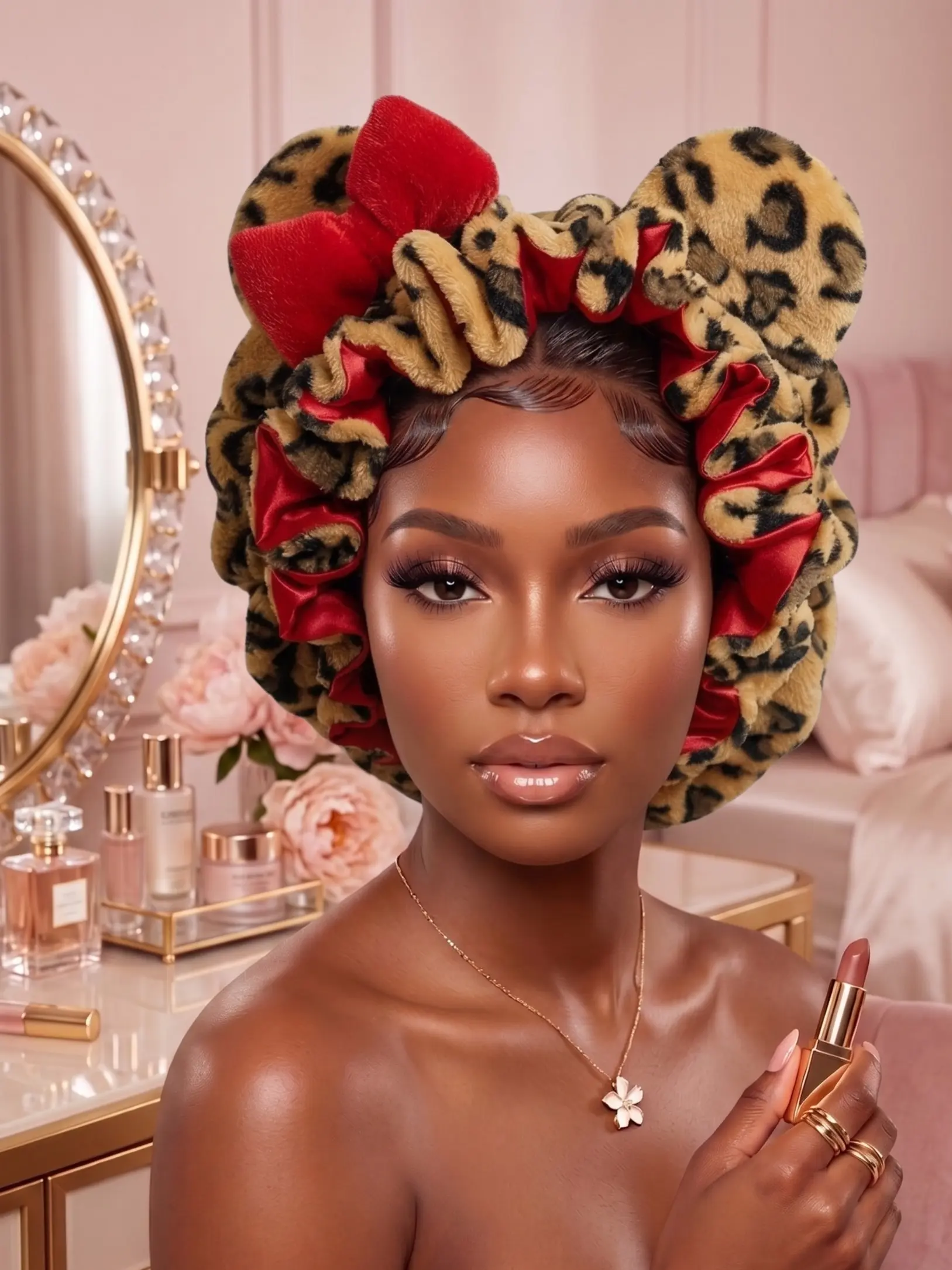 Red Cheetah Print Teddy Hair Bonnet, Soft Heatless Night Cap with Adjustable Strap for Youth Haircare