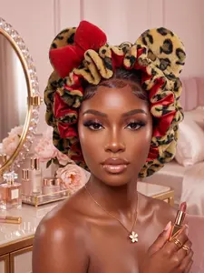 Luxury Red Cheetah Print Teddy Hair Bonnet - Soft Teddy Material, Adjustable Strap, Haircare Night Cap for Youth, Ideal for Formal/Casual Use to Boost Hair Softness