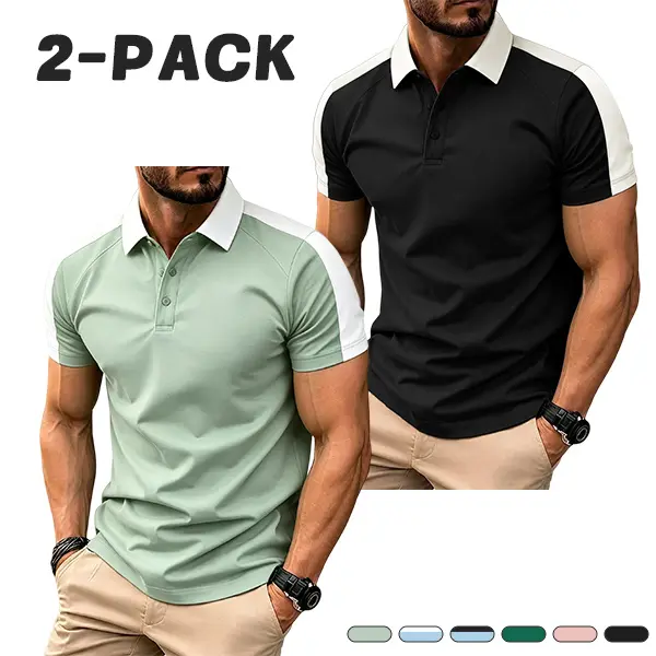 Men’s summer lightweight business two-piece set featuring a polo shirt with raglan sleeves and contrasting colors, made from stretchy, skin-friendly fabric with a simple contrast design, suitable for commuting, casual wear, and light business outfits.