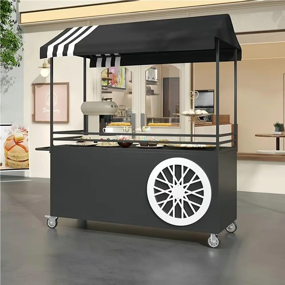 Portable Cart with Canopy, Mobile Food Display Stand with Lockable Wheels, Outdoor Vendor cart, Portable Food Display Stand for Market, Street Food & Events(Black)