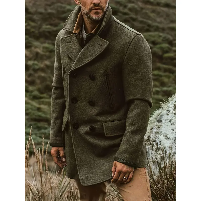 Men's Double Breasted Peacoat, Warm Woolen Jacket with a Military Look, Long Sleeve Button-Front Outer Layer Style, Longsleeves, Woolen Fabric, Large Lapels