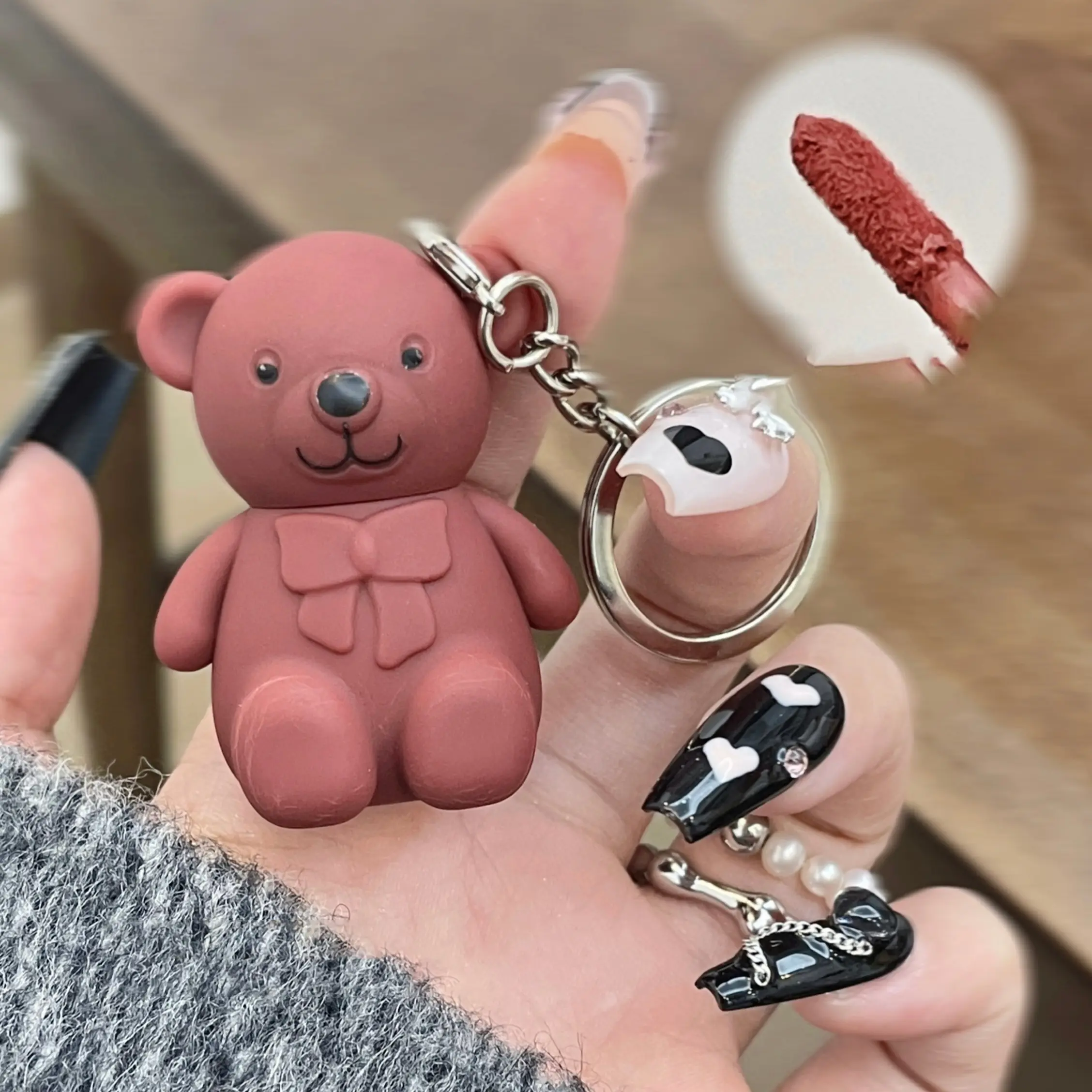 Keychain Bear Lip Balm, 7 Color Natural Matte Lip Gloss Makeup, Moisturizing Hydrating Smooth Finish, Low Saturation Berry Shade, Includes Portable Keychain, Lip Tint Balm