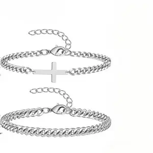 Men's Cross Bracelet Set 2Pcs Titanium Steel No Fade Cuban Link Layered Bracelets for Men Waterproof Hypoallergenic Trendy Mens Jewelry Gift for Him