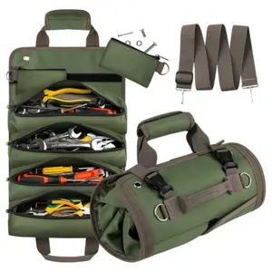 Heavy Duty Roll Up Tool Bag - Construction Tool Organizer, Foldable Structure Storage Kit with 2 Detachable Pouches, 2-Pocket Setup Portable Soft Empty Organizer, Green Gift for Mechanics, Convenient Tool Pockets