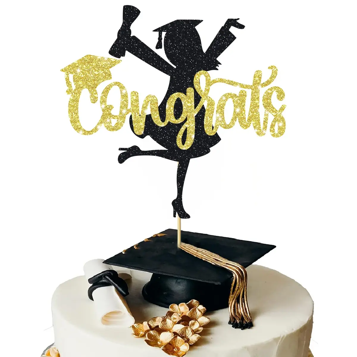 1 Pack Glitter Congrats Bamboo Women Cake Toppers Graduation Women Cake Picks for Theme High School Graduate Cake Decorations Party Supplies Achievement Cake Decorating Supplies