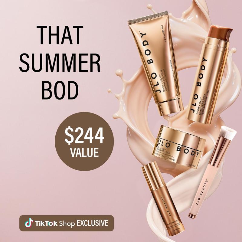 JLO BEAUTY 5-Piece Body Care Set for US Users - That Star Filter Complexion Booster, Tighten+Tease AHA Serum, Smooth+Seduce Whipped Cream, Firm+Flaunt Booty Balm, Blending Brush with Hyaluronic Acid, Avocado, Plant-Based, Minerals