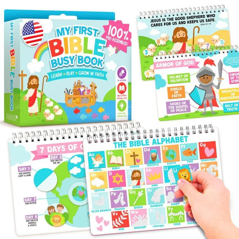 Hadley Designs Bible Busy Book for Toddlers - Montessori Christian Quiet Book, 15 Faith Activities, 152 Velcro Pieces, Church Gift, Teaching Supplies, Montessori Toys for Kitchen Table & Road Trips
