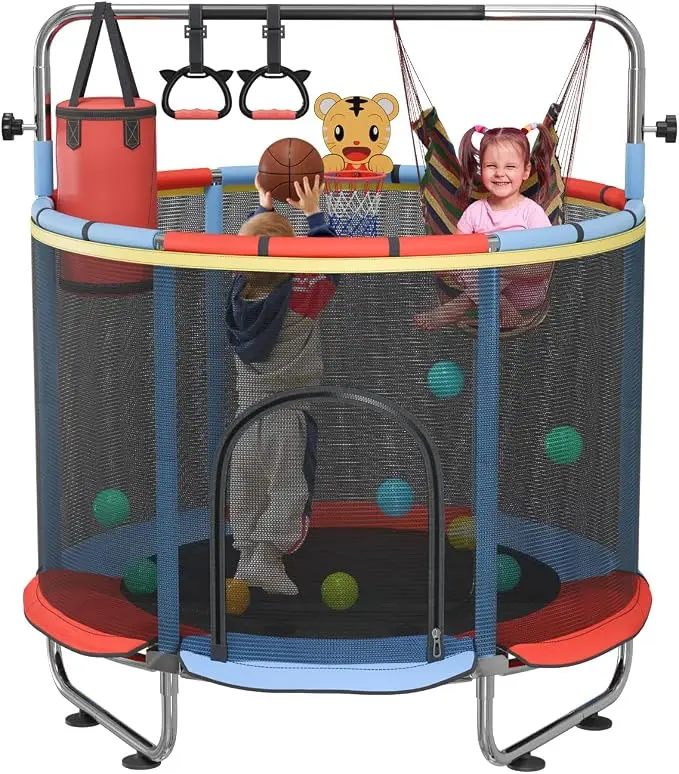 60" Kids Trampoline with Enclosure Net, 500lbs Capacity Toddler Trampoline with Adjustable Gymnastics Bar for Indoor & Outdoor Play