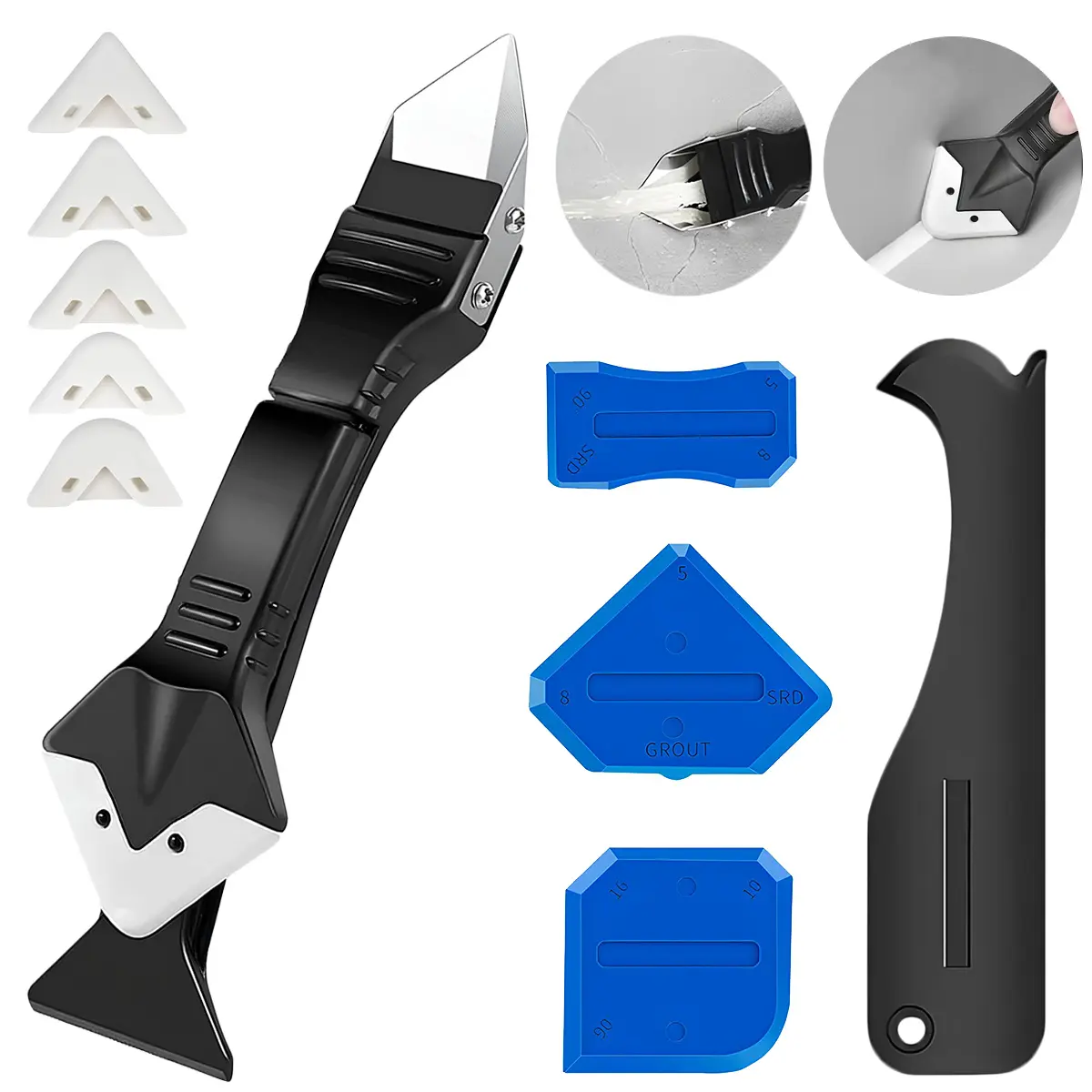 3-in-1 Silicone Caulking Tool Kit, Caulk Remover & Grout Scraper with Stainless Steel Head, 5 Reusable Silicone Pads, Sealant Finishing Tools for Kitchen Bathroom Window Sink