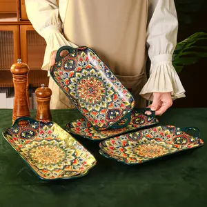 Bohemian Ceramic Serving Platter with Handles, Versatile Rectangular Dish for Salads, Sushi, Fruits, Perfect for Dining & Entertaining
