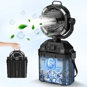 YoungSa Portable Camping Misting Fan with 6L Bucket 32000mAh Rechargeable Multifunction Fan,Infinitely variable speed,4 Spray Mister with LED Lantern,Remote & Hook for Patios,Fishing,Travel,Garden Party,Golf,Outside