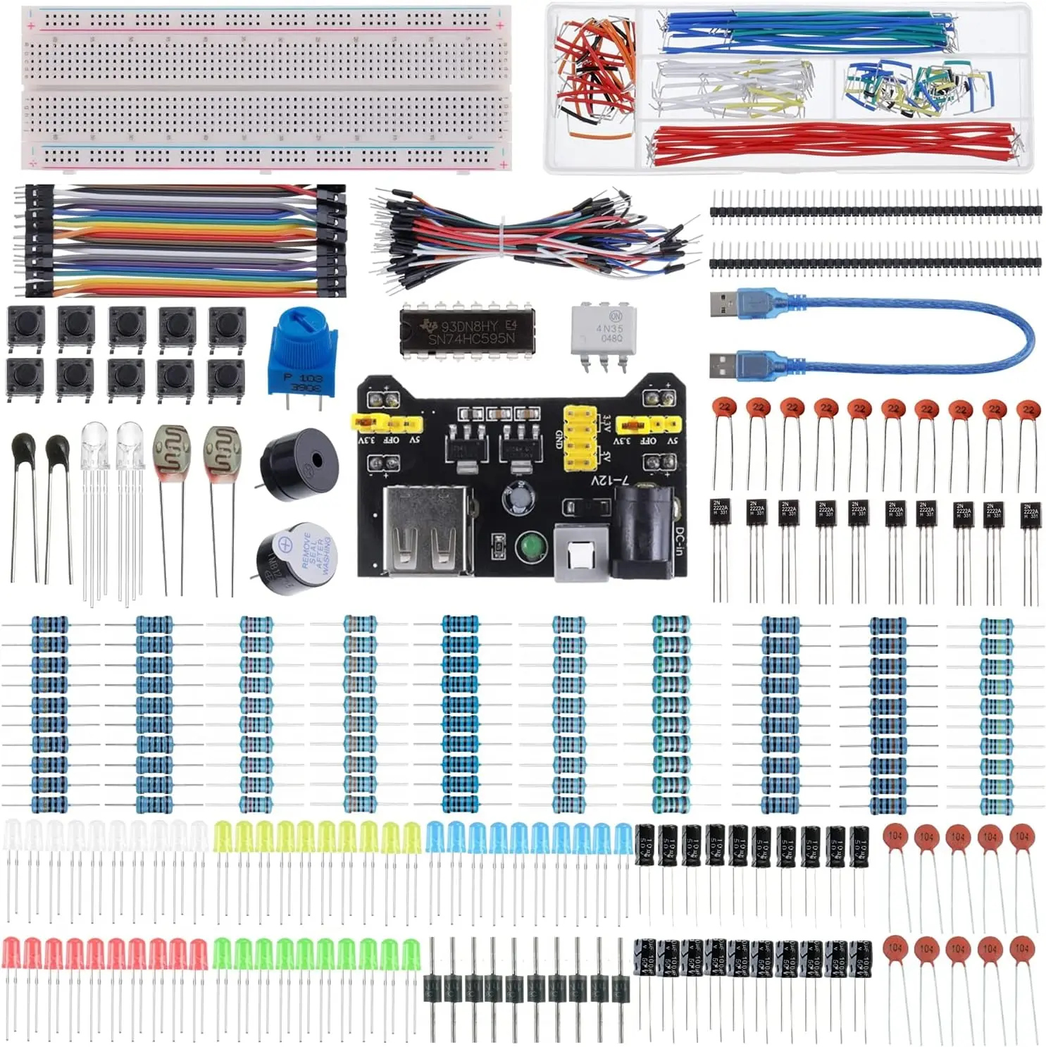 480-Count 37-Value Electronics Component Set Practical Kit with Power Module, Jumper Wires, Precision Potentiometer, 830-Tie-Points Breadboard - Compatible with Arduino, Raspberry Pi, STM32