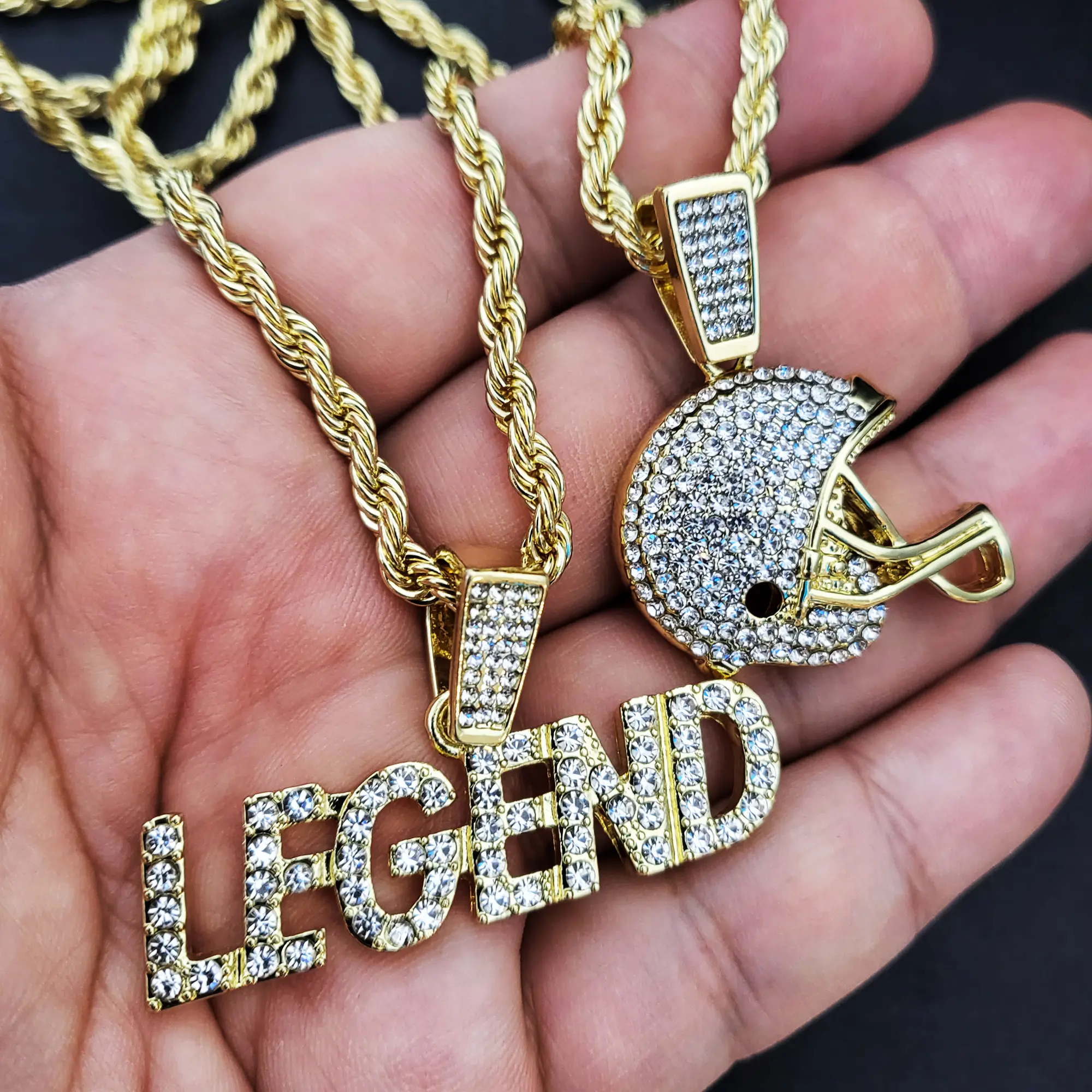 MaxBling81 Football Helmet & LEGEND Sports 14K Gold Plated Pendant, 4mm 24" Rope Chain Hip Hop Jewelry Fashion Necklace Gift Set