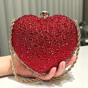 Rhinestone Heart-Shaped Clutch Purse, Fashionable Evening Bag With Chain Strap, Glittering Elegant Handbag For Parties, Prom, Weddings