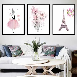 3pcs/set Frameless Cute Pink Flower Modern Floral Paintings Wall Decor Painting Minimalist Art Ballet Girl Eiffel Tower Canvas Poster for Girls Bedroom Living Room Decor Canvas Prints