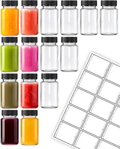 15 Pcs 2 Oz Reusable Small Wellness Glass Juice Shot Bottles With Black Caps & 15 Labels, BPA-Free Leak-Proof Dishwasher Safe For Juicing & Ginger Shots