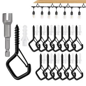 30/40 PCS Square Hook Heavy Duty Iron Ceiling Hook w/ Safety Buckle, Black Metal Wall-Mounted, Heavy Load, Rustproof & Damage-Free, For Outdoor String Lights, Xmas, Lanterns, Wind Chimes, Halloween