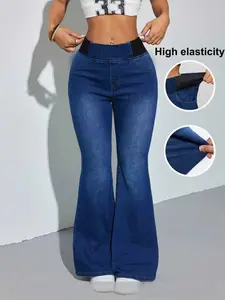 Women's Elastic-Waist Denim Bell Bottoms, Casual High-Stretch Slim-Fit Jeans Pants, Comfortable Fashion Design for Daily Wear Womenswear