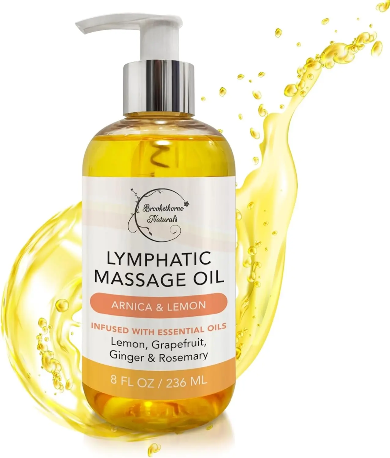 Brookethorne Naturals Lymphatic Massage Oil with Arnica, Ginger & Lemon for Post-Surgery Recovery and Detox | Hydrating Body Oil for Sensitive Skin, Deep Tissue Massage, 8oz, Beauty Massage Oils, Single Item
