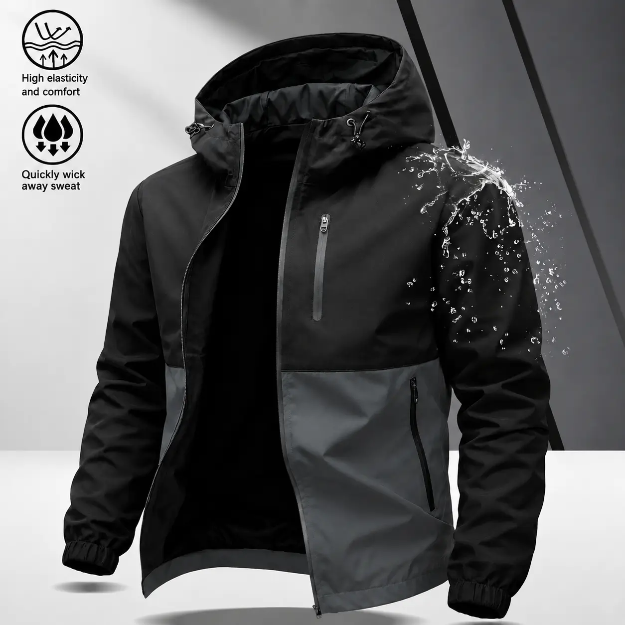 Men’s outdoor waterproof color-block hooded hardshell jacket, black-and-gray contrast design with multiple zippered pockets, windproof outerwear for autumn/winter hiking, mountaineering, everyday outings, and casual wear