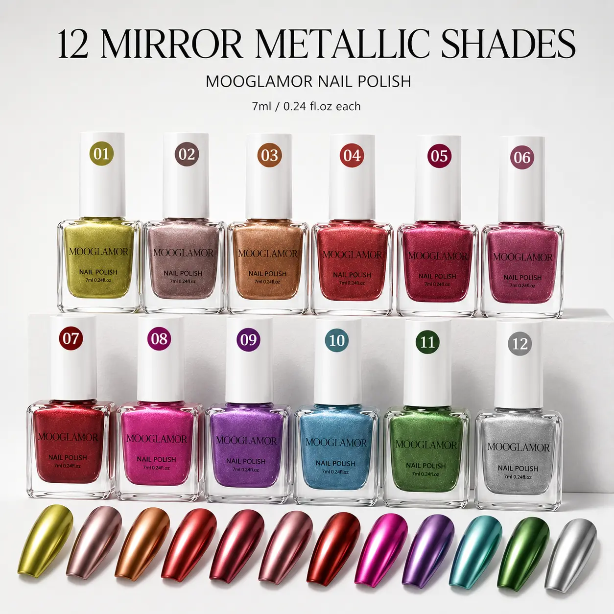 MOOGLAMOR 12-Shade Mirror Metallic Nail Polish Kit - Middle-Range Nail Care Cosmetic with Integrated Flat Brush, Smooth, Full-Coverage, Air-Dry for Beginner Home DIY, Holiday Manicure (Multi-Pack), Mirror Metallic Shades, Adults, Metallic Tones