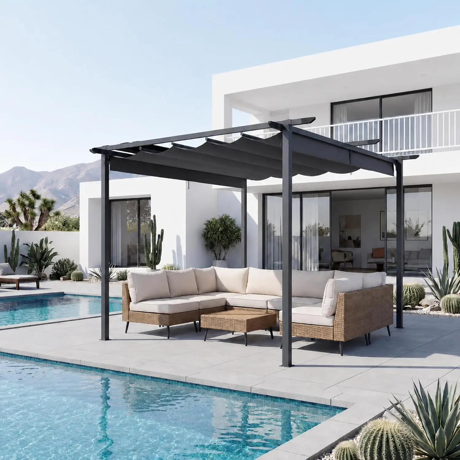 LAUSAINT HOME 10x10 ft Outdoor Retractable Pergola - Grey Frame, Easy Setup, Sturdy Base for Garden, Backyard