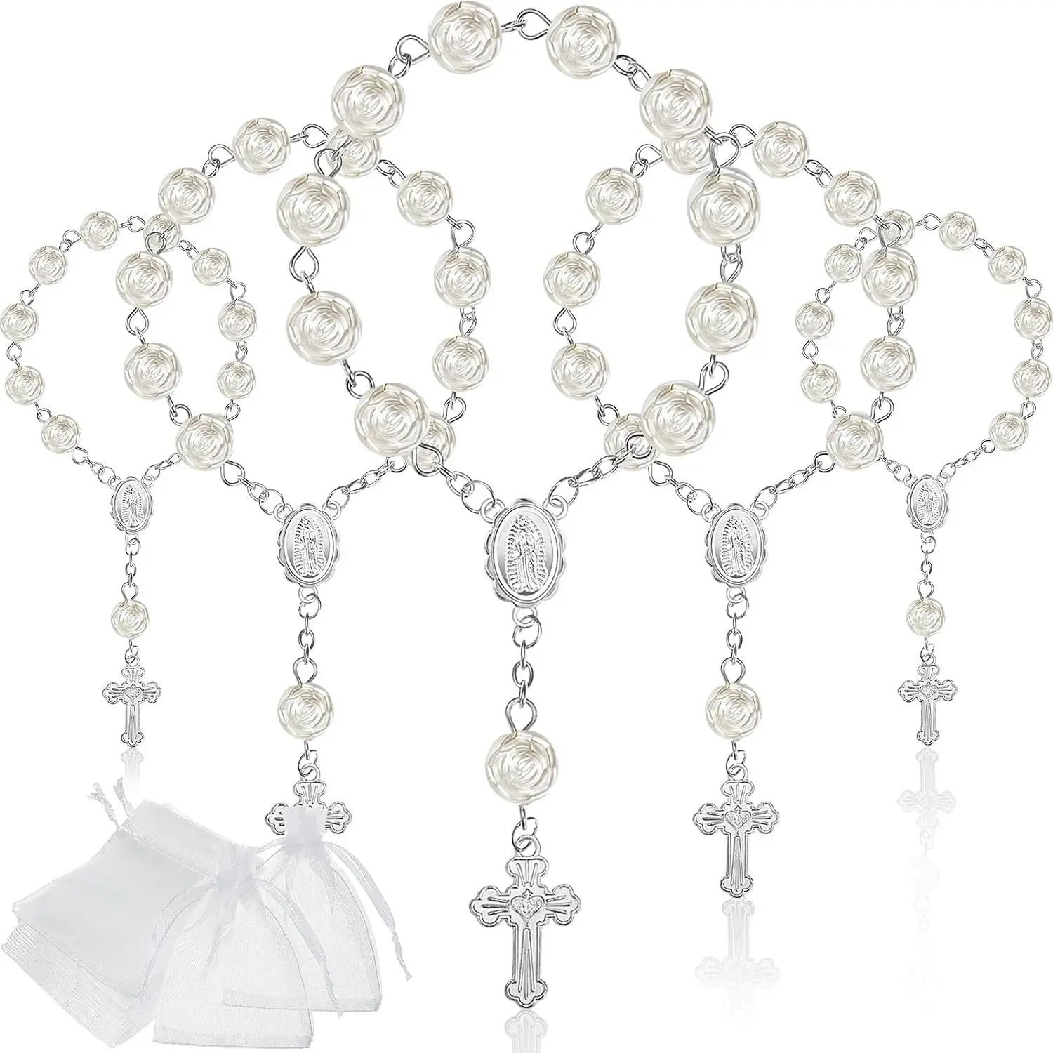 30 Pieces Mini Rosaries Baptism Rosary Beads Acrylic Ivory Color Finger Baptism Rosaries Faux Pearls with Organza Bags for Christening Weddings Party Favors