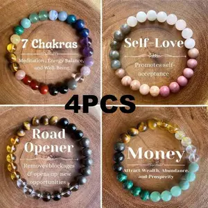 4x Natural Stone Beaded Bracelet, Handcrafted Unisex Bead Jewelry Bracelet Elastic Stretch Wristband, Wealth, Abundance, Prosperity Energy Stone Bracelet Bohemian Healing Aura Quartz And Natural Sea Sediment Bead Energy Balancing Bracelet