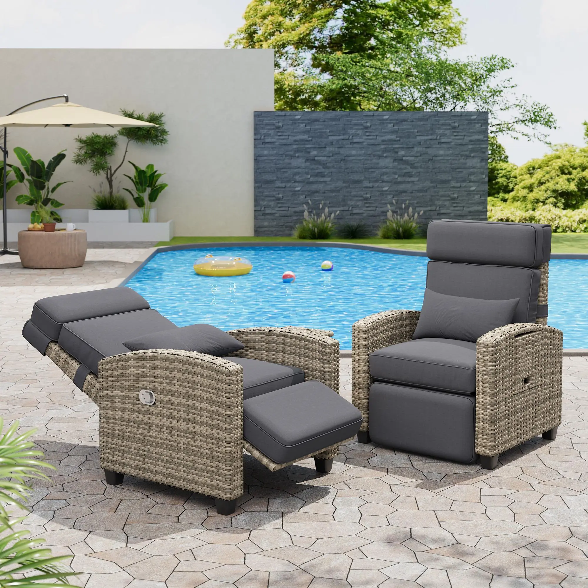 Outdoor Recliner Chair – Adjustable Patio Recliner with Backrest & Footrest, Wicker Lounge Recliner Up to 150° with Flip-Up Table – Perfect for Your Backyard Oasis