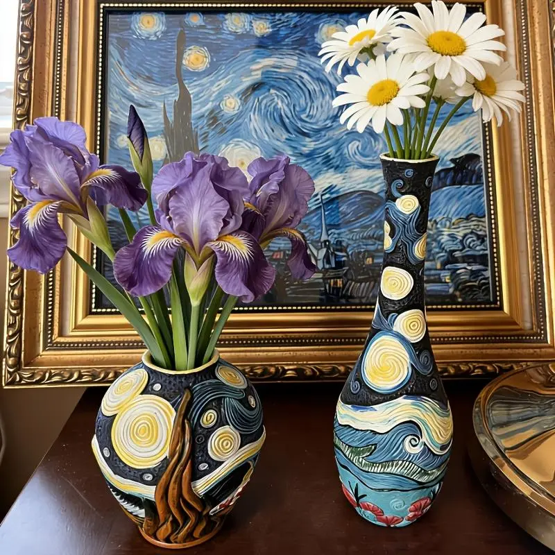 UWONDERFUL 2-Piece Floral Vase Set - Handpainted Bohemian Modern Home Decor, Lightweight Retro Farmhouse Table Centerpiece for Kitchen Desk, Synthetic Material Home Supply (0-50 cm)