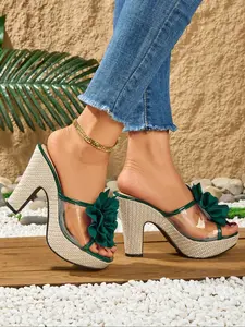 Women's Fashionable Flower Decorated High Heel Sandals, Fashionable Floral Sandals, Elegant Square Toe Sandals for Party, Daily Clothing Decor for Women & Girls, Footwear