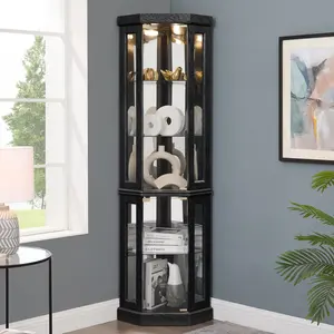 Glass Display Curio Cabinet Lighted Corner Curio Cabinet - Display Case for Living Room, Antique Collectibles, Wine & Bar Glass Storage - Elegant Corner Design with Lights Included-BLACK
