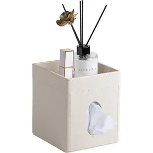 Tissue Box Cover, PU Leather Square Tissue Box Holder with Storage Tray for Bathroom  Countertop Night Stands Bedroom Office Desk, Stylish Tissue Holder Decorative Organizer (Linen)