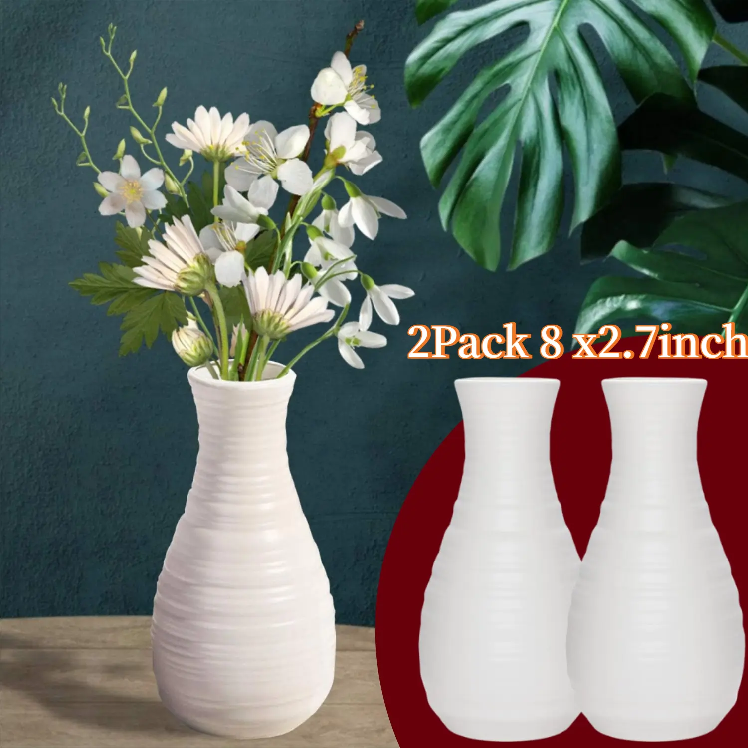 2pcs 8x2.7in White Plastic Decorative Vases - Creative Nordic Style, Flower Vases for Bouquet, Centerpieces, Desk Decor, Thanksgiving Gift & Living Space Ornament (Home Improvement Garden Supplies)