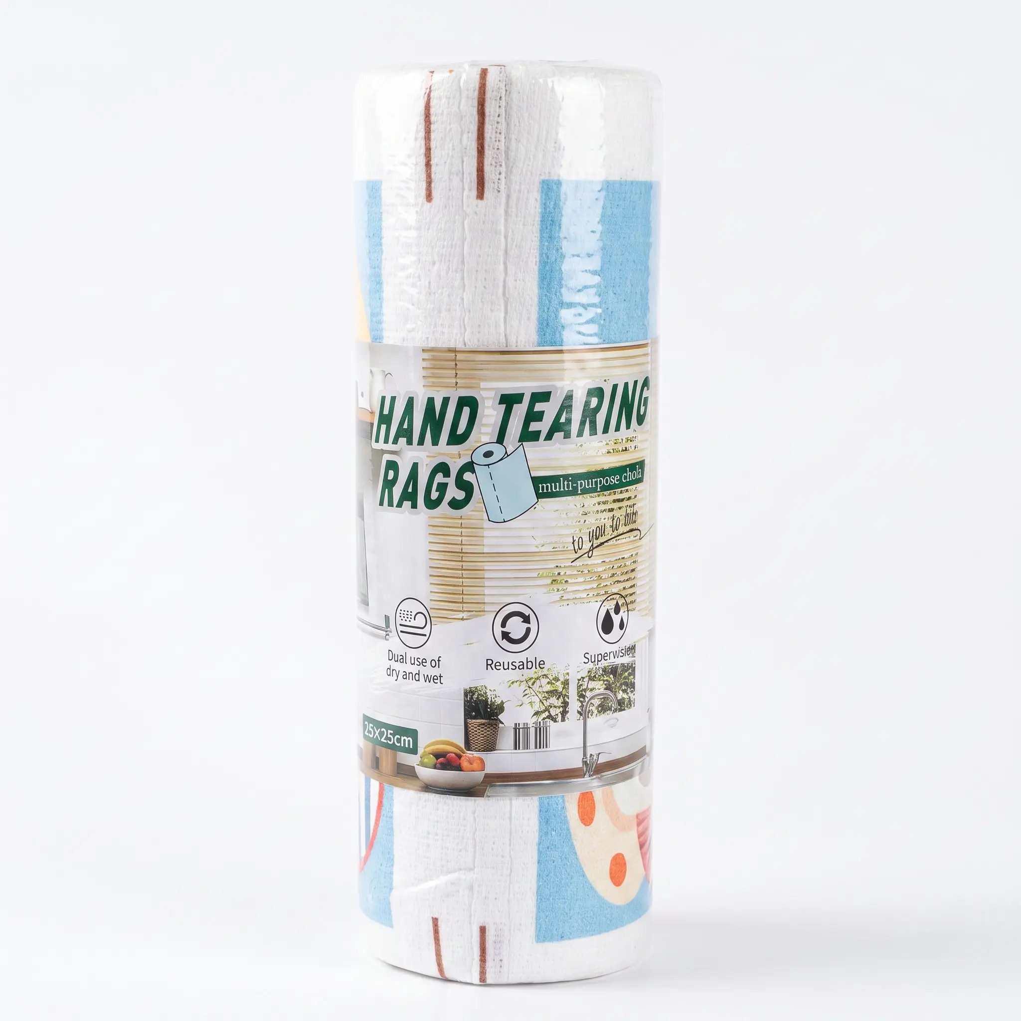 20 Pack Reusable Tear‑Away Polyester Cleaning Cloth Roll, Cute Tableware Cartoon Patterns, 9.8x9.8in, Wet‑Tear Resistant Lint‑Free Absorbent Multipurpose Towels for Kitchen Home Housekeeping Cleaning Supplies